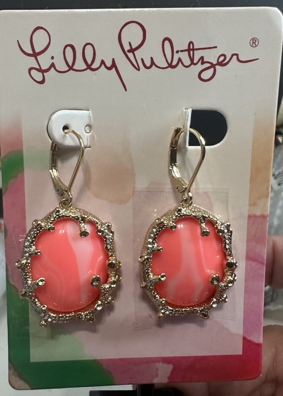 Lilly Pulitzer Coral Gold Tone Pierced Earrings Colorful Spring Youthful NWT